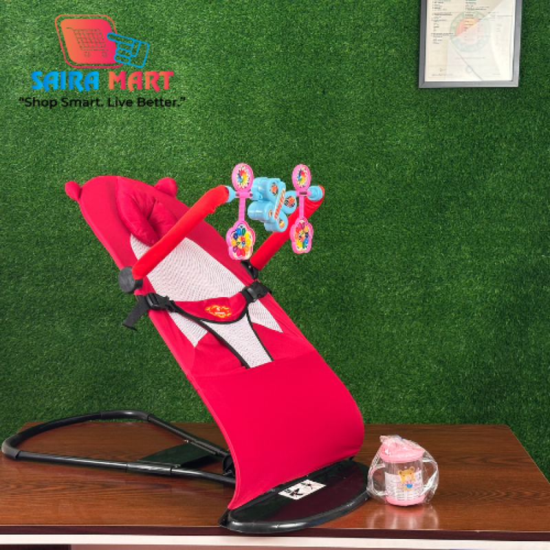 ( লাল কালার )-বেবি বাউন্সার চেয়ার,বালিশ + খেলনা সহ + ১ টি মাম পট -ফ্রি - Alternate view 1 showing  color