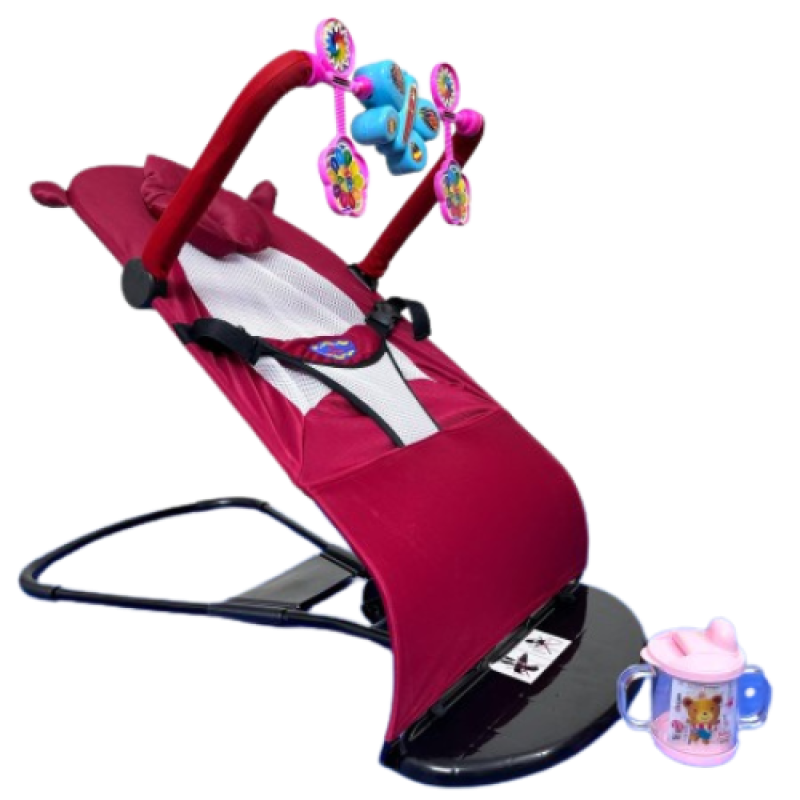 ( মেরুন কালার )-বেবি বাউন্সার চেয়ার,বালিশ + খেলনা সহ + ১ টি মাম পট -ফ্রি - Main view showing full design